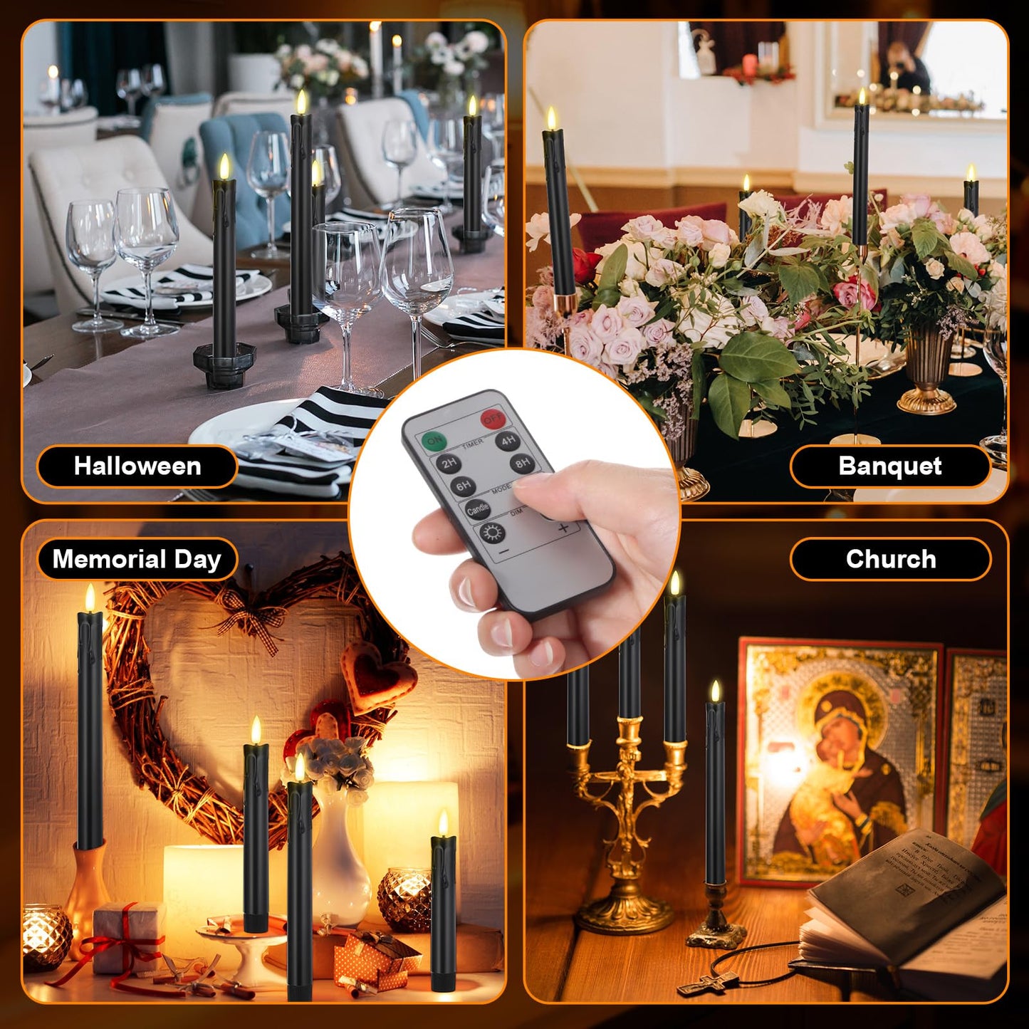 Retisee 20 Pcs Flameless Taper Candles with Timer Remote 6.5" 7.7" 8.9" 10" Plastic LED Candlesticks Battery Operated LED Candles for Indoor Home Wedding Christmas Decoration(Black)