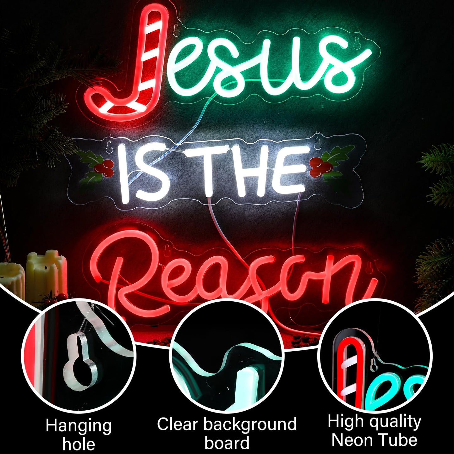Huquary Jesus Is the Reason Neon Sign Christmas LED Sign Lighted Wall Art Decoration Neon Light USB Powered for Ceremony Party Bar Home Birthday Bible Church Decor Gift(Stylish)