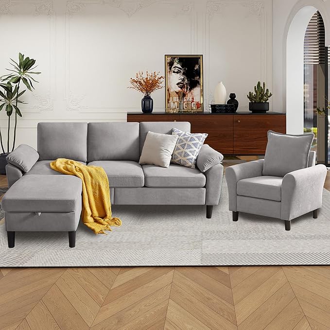 79" Convertible Sectional Sofa Set, Modern Linen Small L Shaped Couch