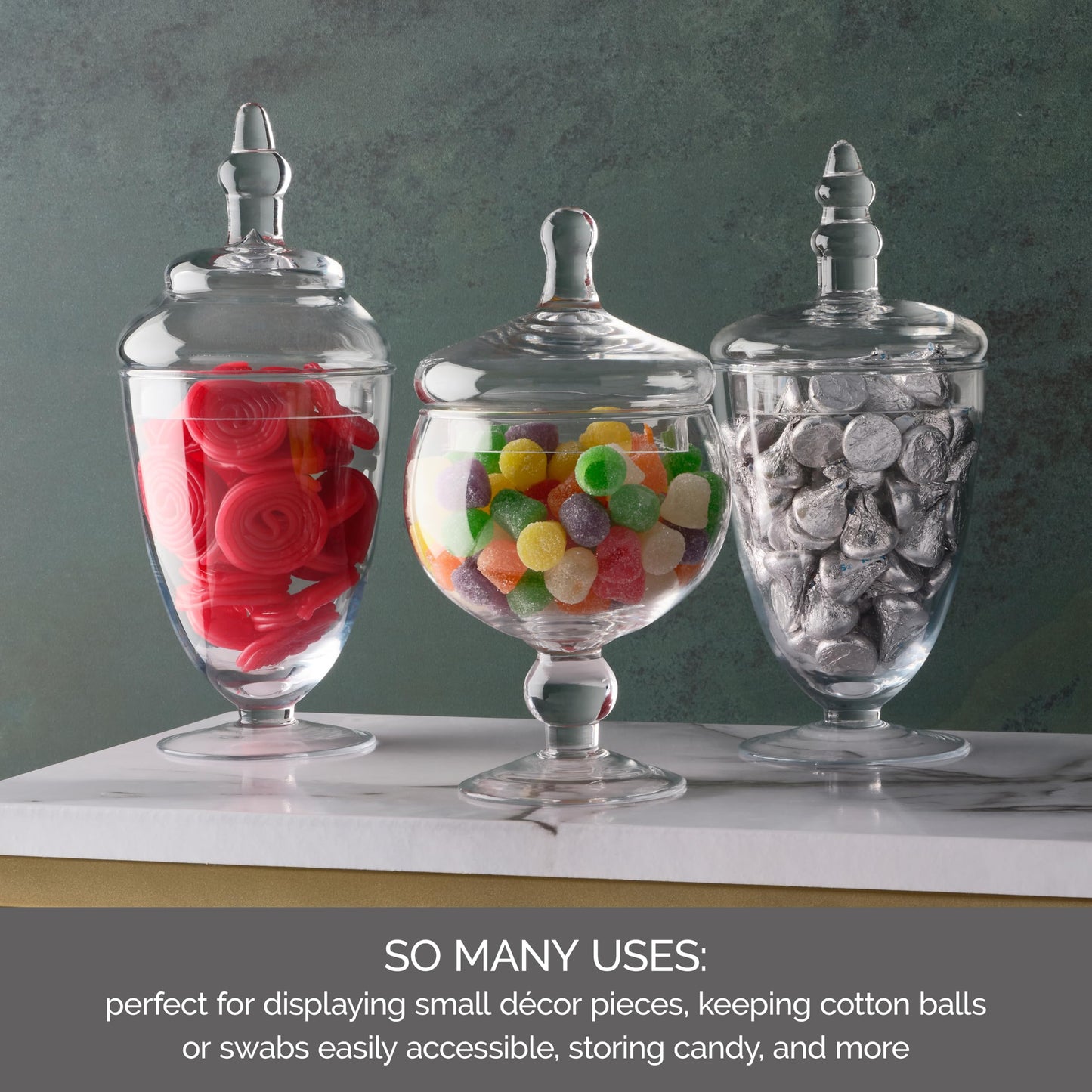 Elements Clear Glass Apothecary Jars with Lids, Set of 3 - Decorative Storage Jars for Home, Kitchen, Bathroom - 10, 9.5, 8.5 Inch Handcrafted Display Jar Set