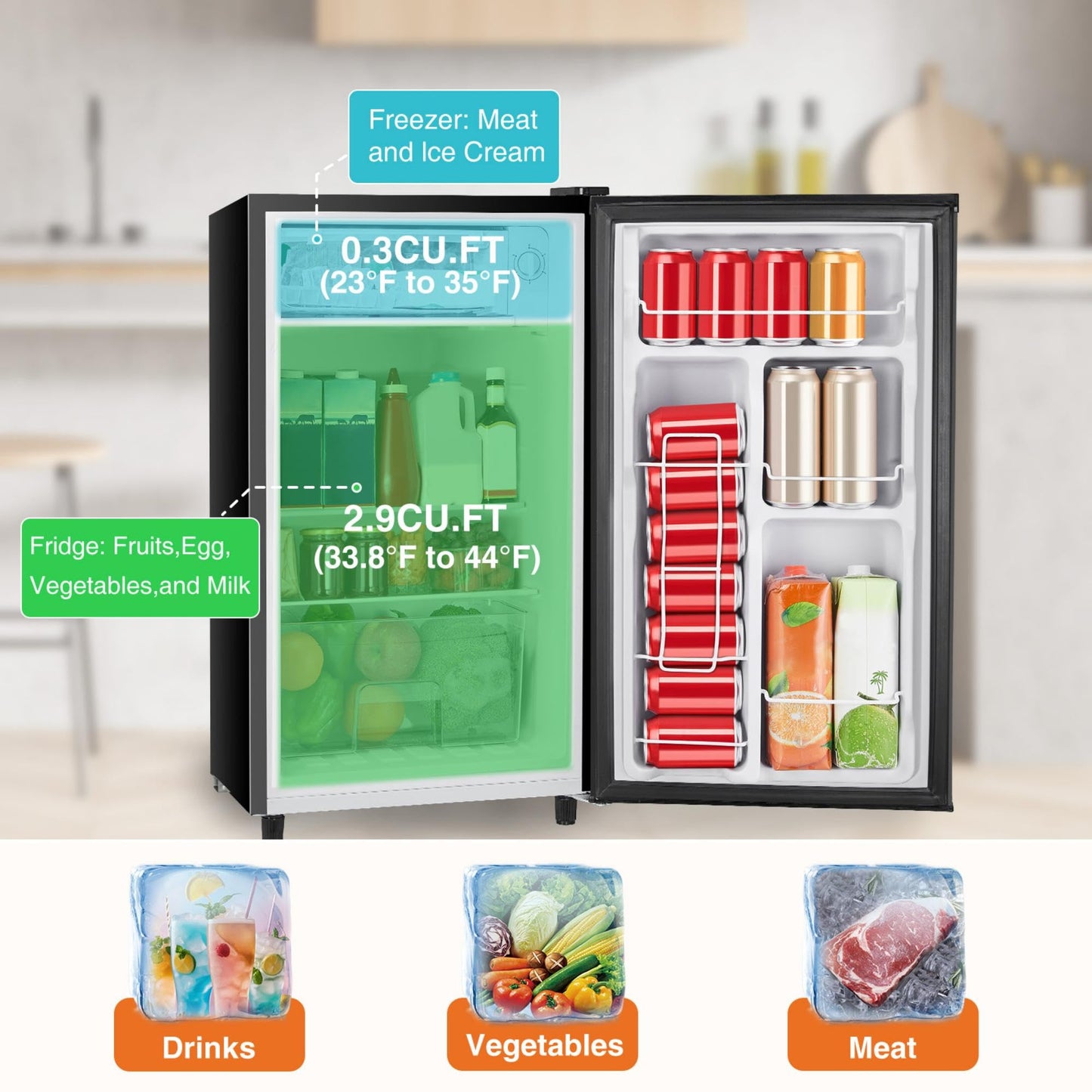 Sweetcrispy 3.2 Cu.Ft Mini Fridge with Freezer Small Refrigerator Single Door Adjustable Thermostat Energy-efficient Low Noise, Compact Fridge for Bedroom, Office, Dorm (Black)