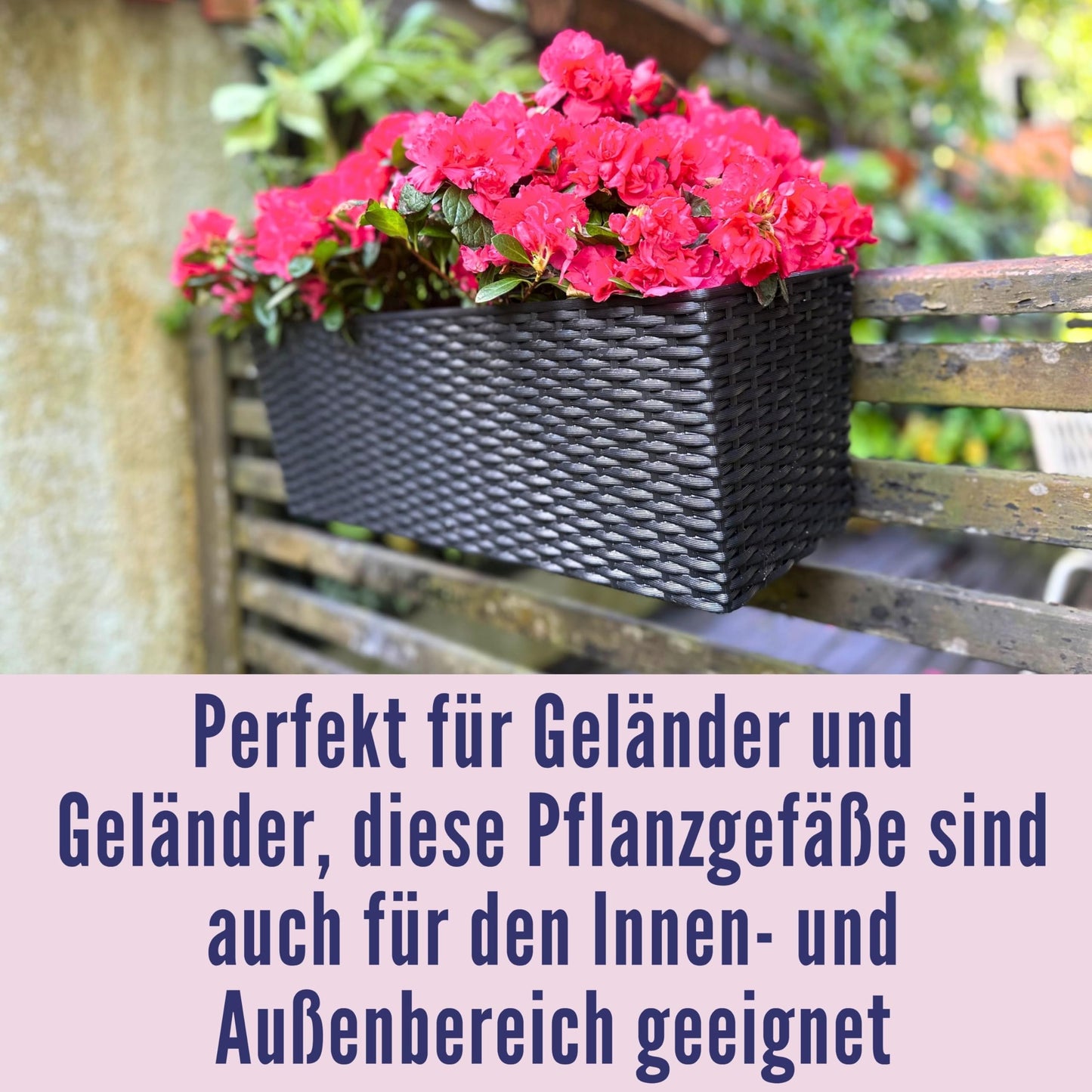 LaLaGreen Outdoor Rail Planter for Balcony (20 Inch, 2 Pack) Large Black Self Watering Deck Railings Planters with Brackets, Rectangular Plastic Fence Flower Box Designer Choice with Rattan Pattern