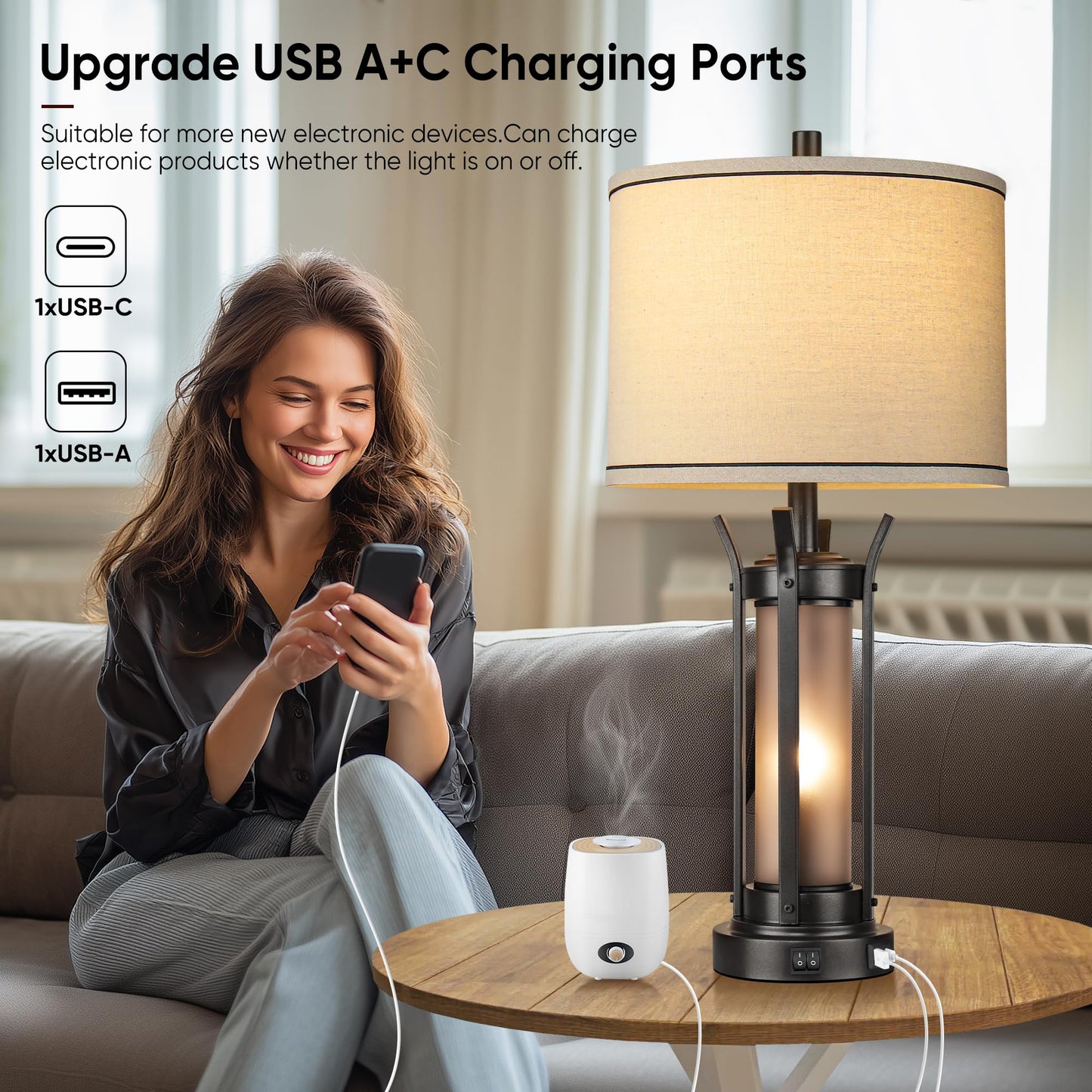 QiMH 26" Table Lamps Set of 2, Rustic Bedside Lamps with USB A+C Charging Ports, Farmhouse Industrial Nightstand Lamp with Frosted Glass Night Light for Bedroom Living Room, Black, 4 Bulbs Included