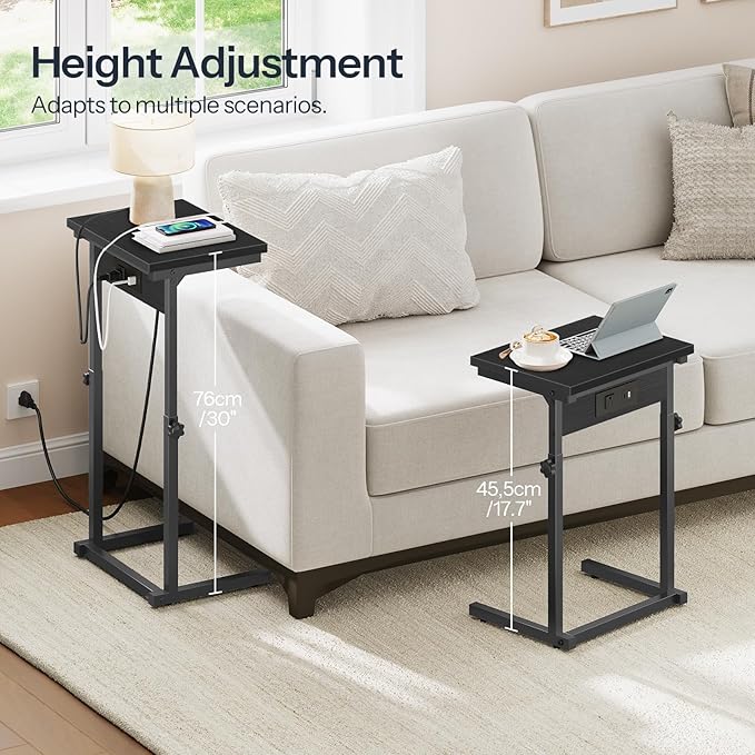 HOOBRO C-Shaped End Table with Charging Station, Adjustable Height Sofa Tray
