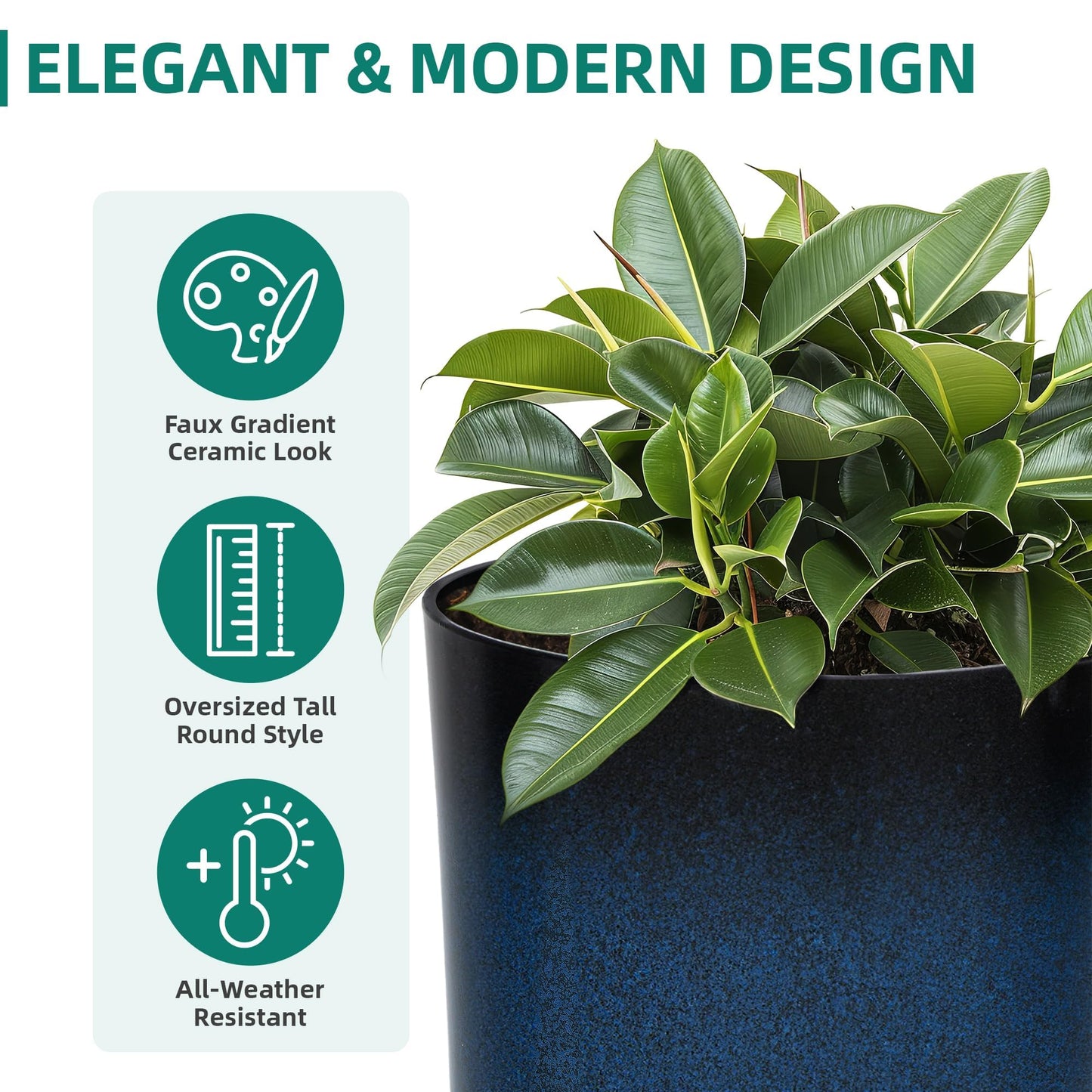 Autodaya 23.8" Large Tall Planters Set of 2 Plant Pot Plastic Flower Pots Outdoor Gradient Cobalt Blue Finish Front Porch Decor Pot Weather-Resistant & Lightweight for Garden, Patio, Deck, Indoor