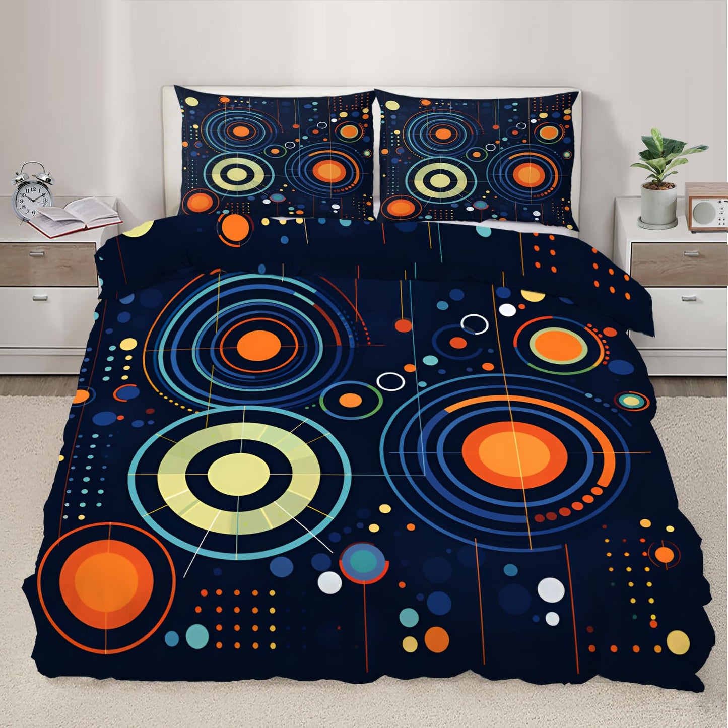 QINYUN Abstract Starry Sky Duvet Cover Queen Size, Solar System Space Bedding Set 3 Piece Bedroom Decor Deep Blue Comforter Cover and 2 Pillow Sham with Zipper Closure
