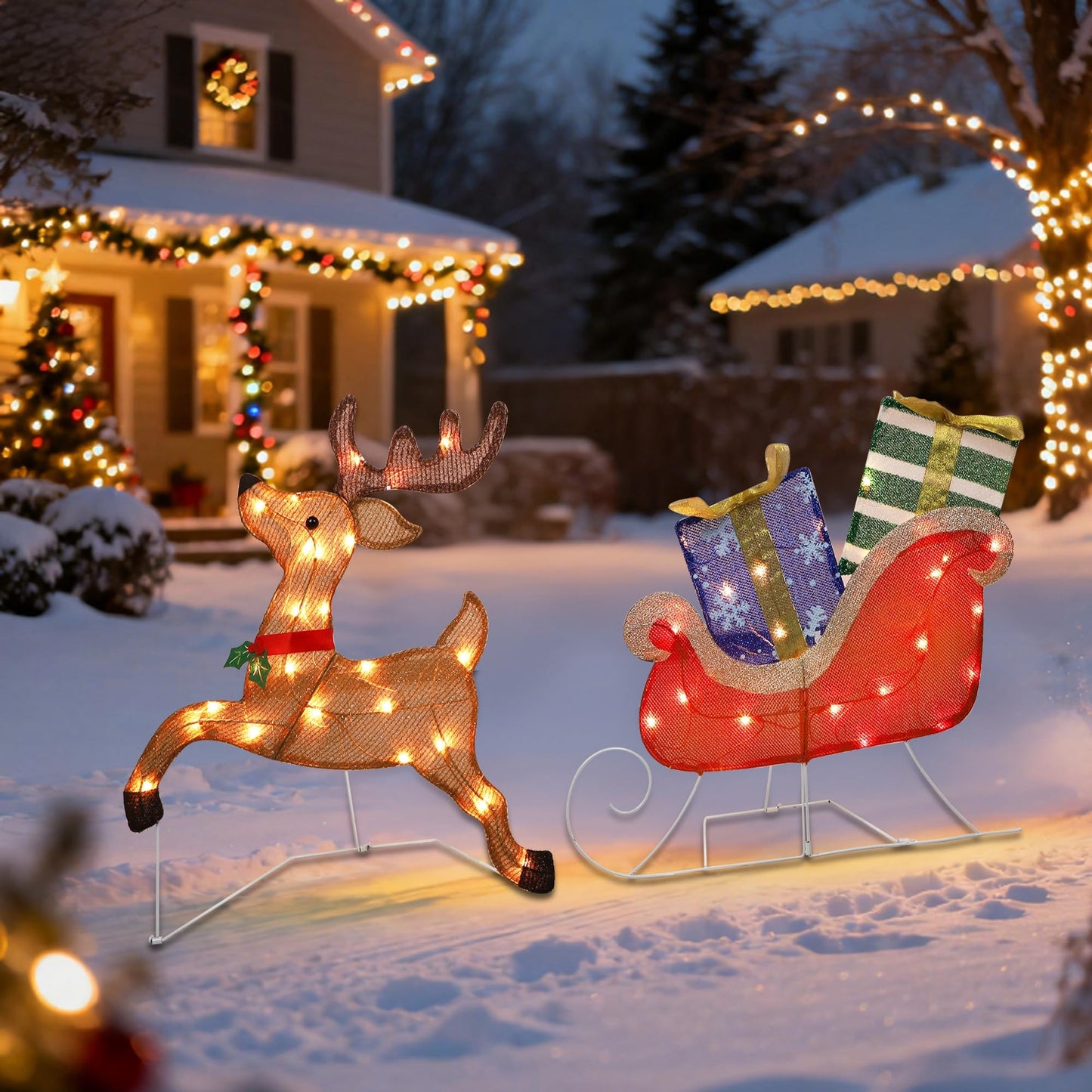Prsildan Christmas Lighted Decoration 25" x 44" Reindeer, 50 Lights Christmas Reindeer with Sleigh & Gift Boxes, Light up Decorations for Indoor Outdoor Home Kitchen Yard Garden Holiday Party