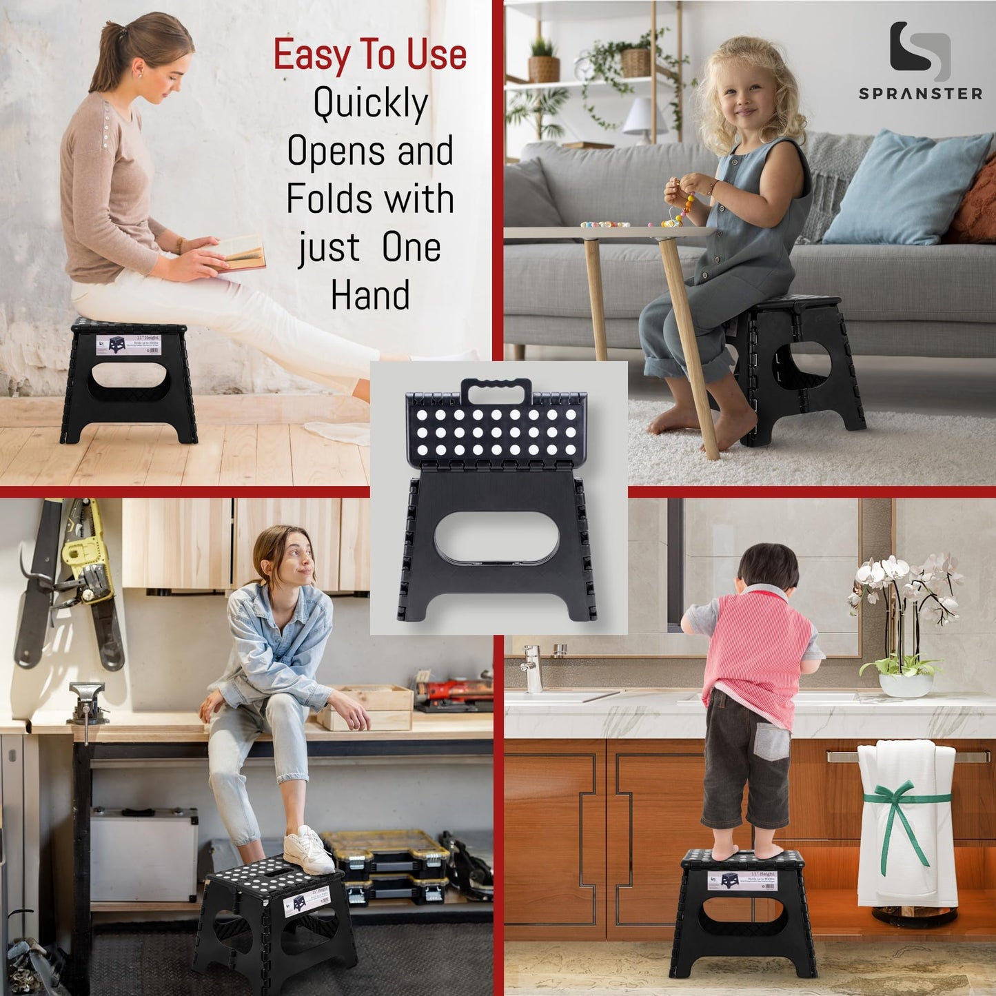 Spranster Super Strong Folding Step Stool - 11" - Sturdy Enough to Hold 300 Lb - Lightweight Foldable Step Stool for Adults and Kids - Opens with one Flip - Great for Kitchen, Bathroom and Bedroom