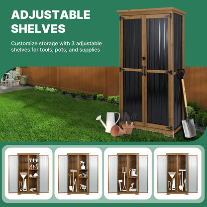 Ketive Outdoor Storage Cabinet, Tall Tool Garden Cabinet with Weather-Resistant Roof, Double Lockable Doors, 3 Removable Shelves & Adjustable Feet, for Patio, Garden, Backyard, 32" x 15.5" x 66"