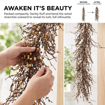 Quixem 60 Inch (5FT) Rustic Grey Cream and Tan Pip Berry Garland for Fireplace Mantel & Table Runner, Flexible Wired Artificial Vine, Everyday Farmhouse Decor, Precise Size