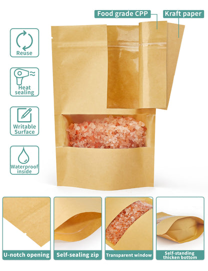 FireKylin 100 Pcs Brown Paper Bags with Window, 7.9" x 11.8" Stand Up Pouches Bags, Zipper Food Storage Bags for Packaging Products, Reusable, Sealable