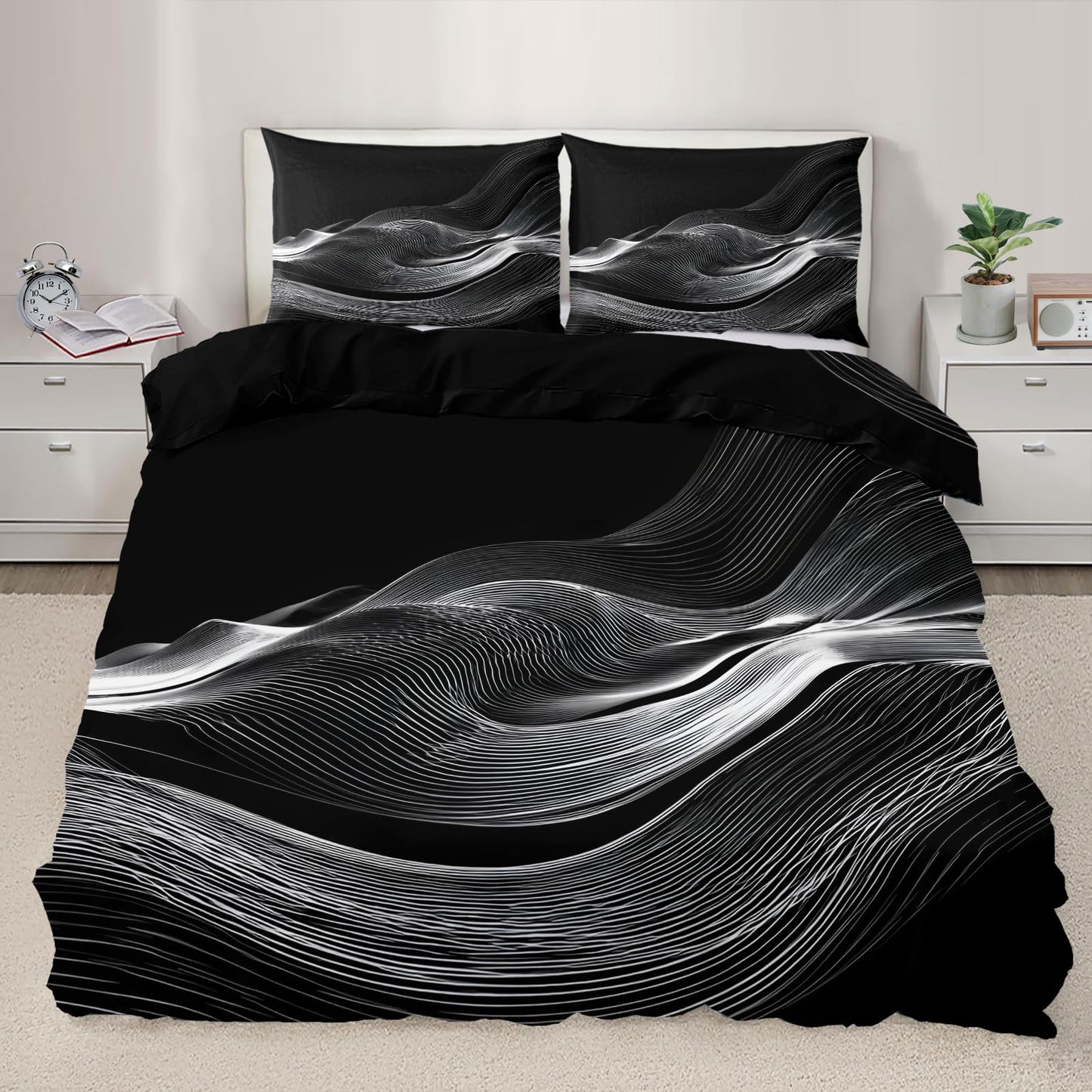 ZAOMIR Black White Duvet Cover Queen Size, Psychedelic White Wavy Stripes Bedding Set 3 Piece, Modern Abstract Geometric Line Patterned Comforter Cover with Zipper Soft Microfiber, 2 Pillowcases