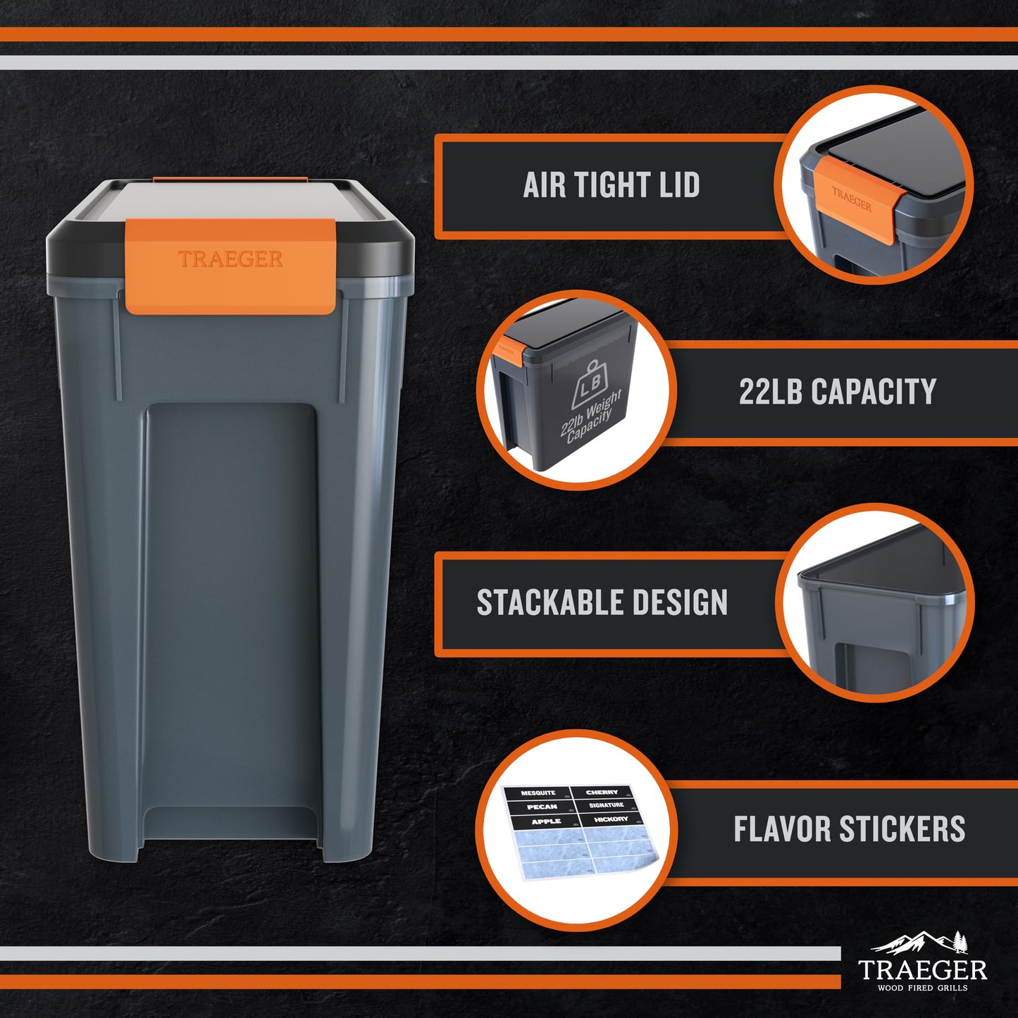 Traeger Grills BAC637 Stay Dry Pellet Storage Bin with Locking Lid, 22lb Capacity Wood Pellet Container with Flavor Stickers, Stackable Design, Airtight Storage for Grill Pellets