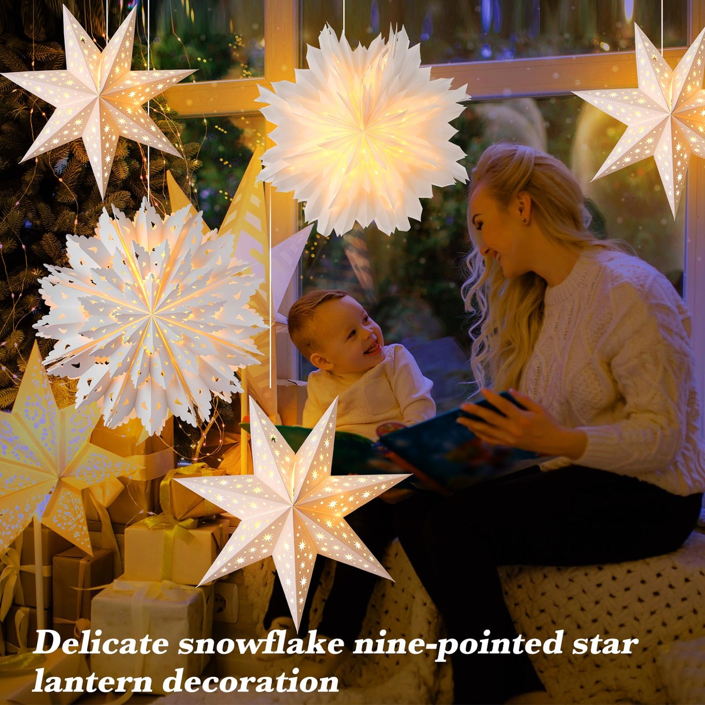 Watersay 6 Pack Christmas in July Snowflake Paper Lantern Summer Christmas Star Paper Lanterns with 6 LED Light White Hanging Lamp Ornaments for Xmas Weddings Birthday Party Decoration(Stylish Style)