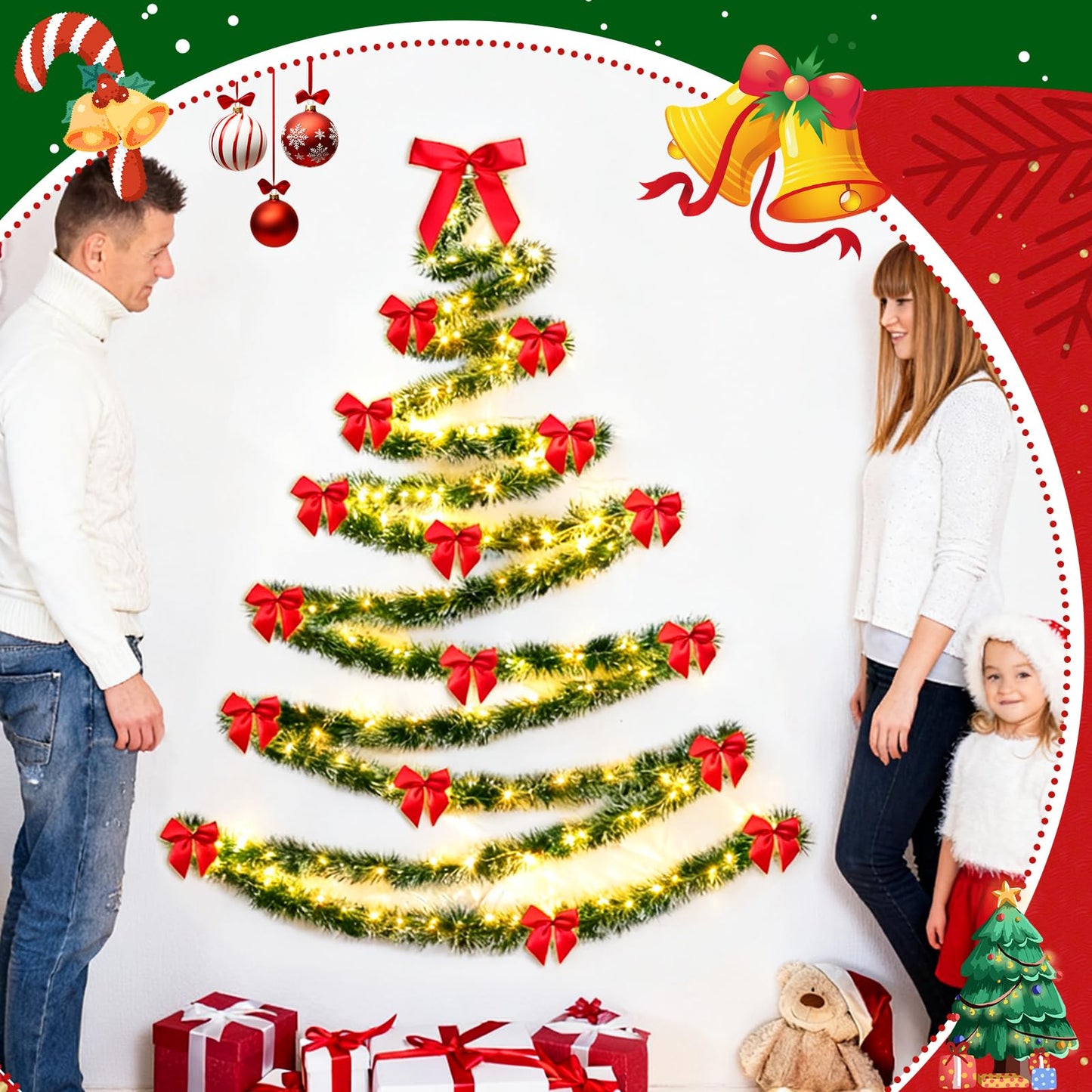 Christmas Tree Wall Decoration Artificial DIY Wall Mounted Hanging Christmas Tree with LED Light Garland Red Satin Bows Space Saving Xmas Decoration for Home Door Indoor Small Space Holiday Supplies