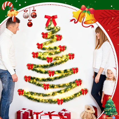 Christmas Tree Wall Decoration Artificial DIY Wall Mounted Hanging Christmas Tree with LED Light Garland Red Satin Bows Space Saving Xmas Decoration for Home Door Indoor Small Space Holiday Supplies