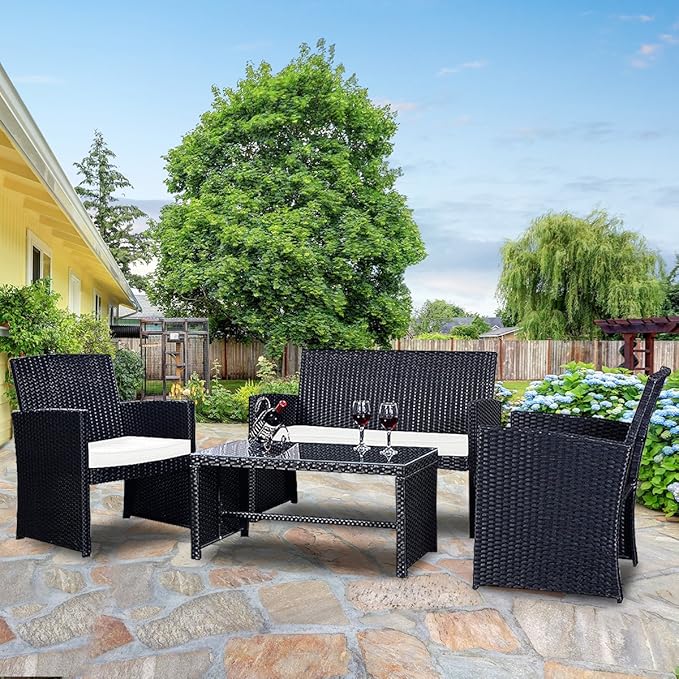 Goplus 4-Piece Rattan Patio Furniture Set, Outdoor Wicker Conversation Sofa