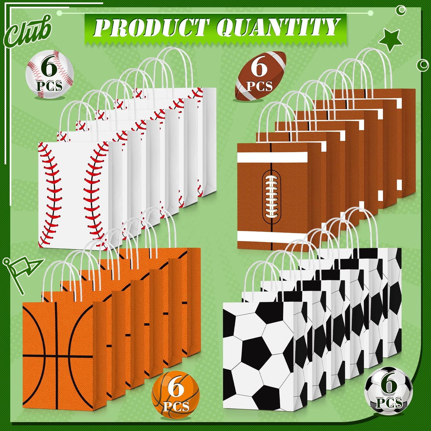 TaoBary 24 Pieces Sports Party Favor Bags Soccer Baseball Goodie Gift Bag with Handles for Football Basketball Baseball Sports Birthday Baby Shower Party Supplies Decoration