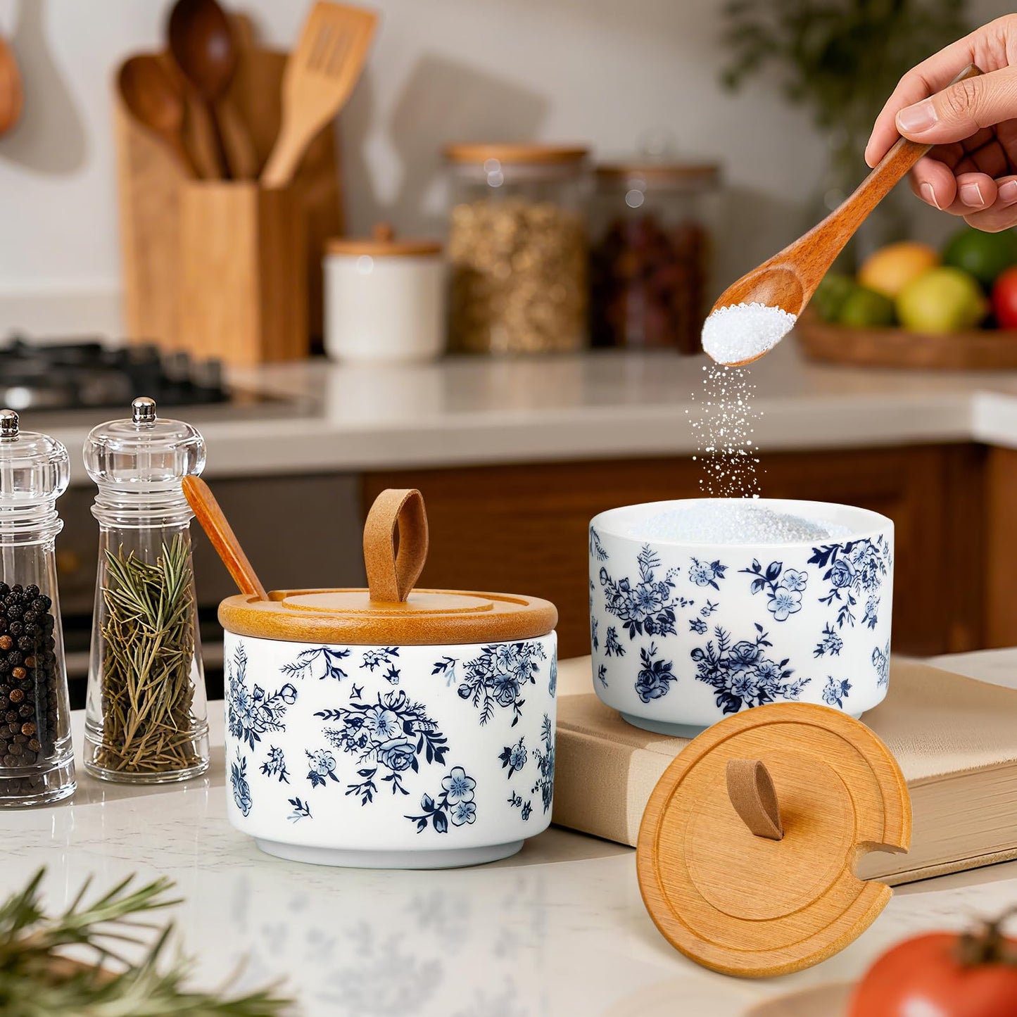 SUOWEEI Ceramics Salt Container, 7.5 oz Classical Porcelain Salt Cellar with Lid and Spoon, Pepper Bowls Seasoning Container for Countertop Kitchen