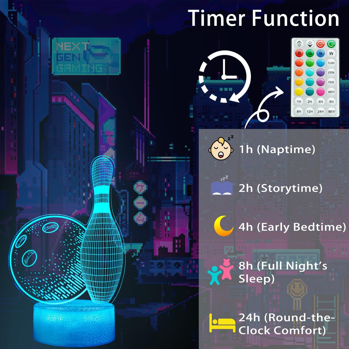 POSSHE Bowling Night Light, Bowling Gifts 3D Illusion Lamp with 16 Colors Changing, Timer, 4 Flash Modes and Dimmable, Kids Boys Girls Room Decoration, Holiday Xmas Gifts