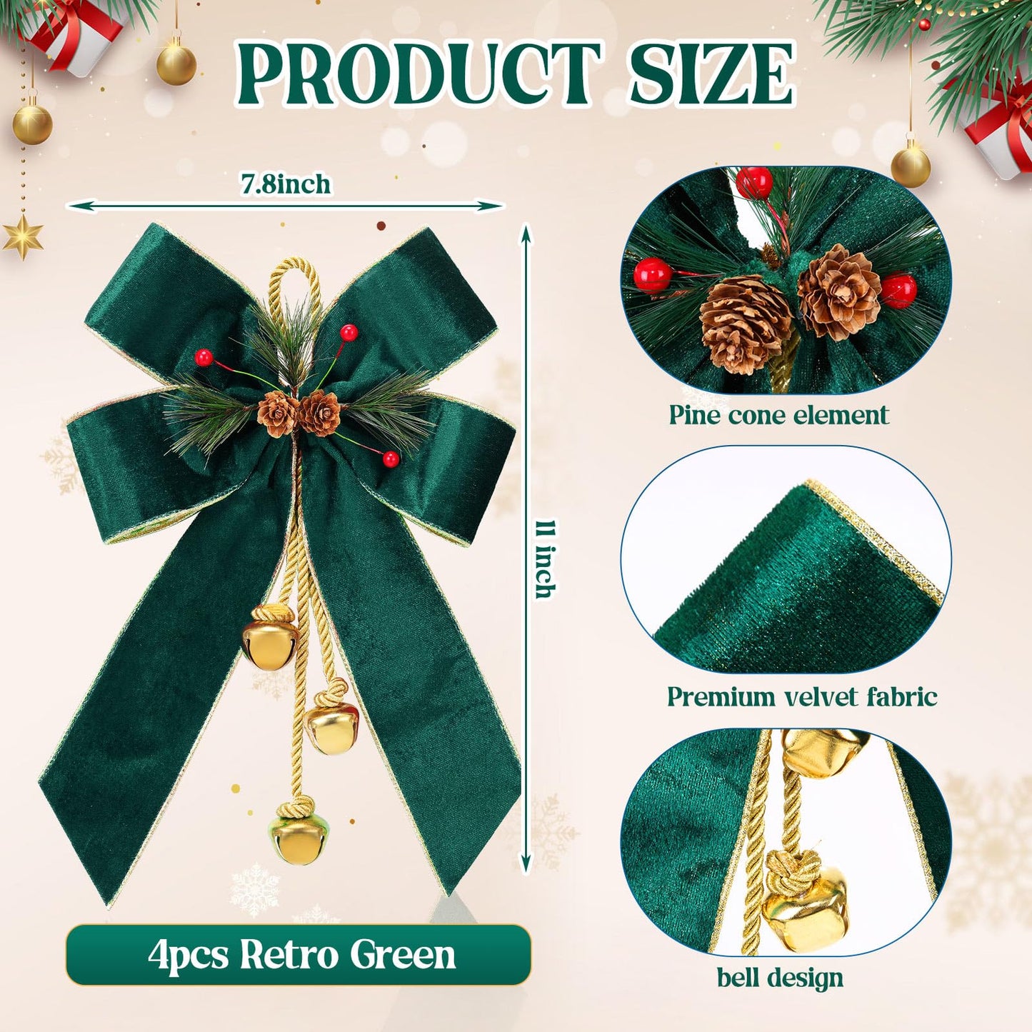 Yinkin 4 Pcs Christmas Tree Wreath Bow Christmas Ribbon Bows with Bells 11 x 7.8 in Velvet Pine Cone Bowknot Xmas Tree Hanging Ornaments Decor for Home Xmas Party Outdoor Indoor (Retro Green)