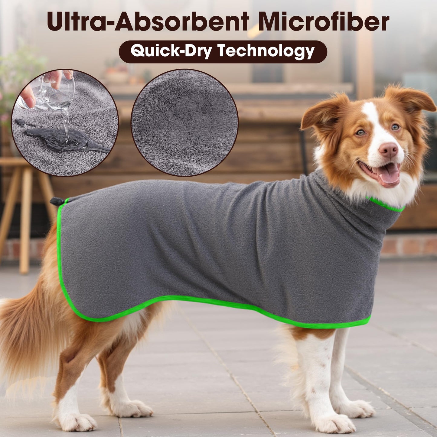 HezzLuv Microfiber Dog Drying Coat – Super Absorbent & Quick-Drying Dog Robe – Adjustable Fit for Medium to Large Dogs – Ideal for Bath, Swim & Wet Walks(Green, XL)