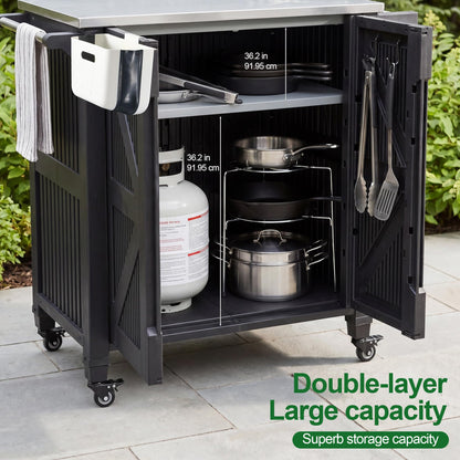Nice C Grill Cart with Wheel, Outdoor Kitchen Island, Outdoor Grill Station Bar Cart with Stainless Steel Tabletop, Dining Cart Table Storage Cabinet, Grill Table for BBQ Food Prep