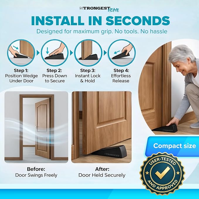STRONGEST HOME Stoppers for Bottom of Door – Heavy Duty Metal Rubber Door Stopper, Non-Slip Door Stop for Heavy Doors, Works on Wood, Tile & Carpet Floors Wedge Black 4 PCs + 4 White Wall Protectors