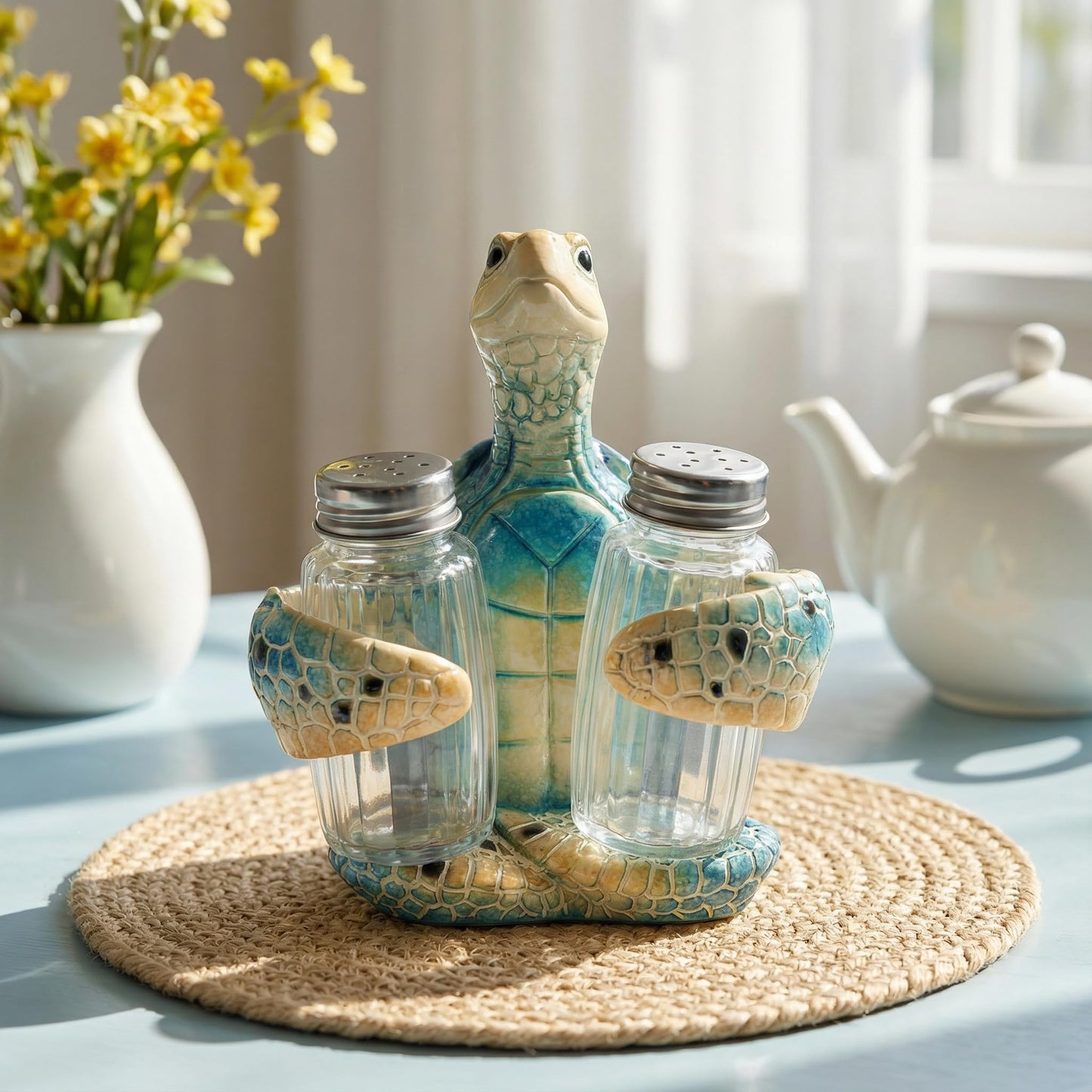 Decorative Blue Sea Turtle Salt and Pepper Shaker Holder, Coastal Kitchen Decor (Blueturtle)