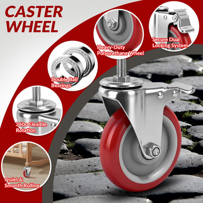 Caster Wheels, 5 Inch Locking Swivel Caster, 1/2"-13 x 1 (Screw Diameter 1/2", Screw Length 1.5") Threaded Stem Casters Set of 4 Heavy Duty,Industrial Castors Wheels for Cart,Furniture and Workbench