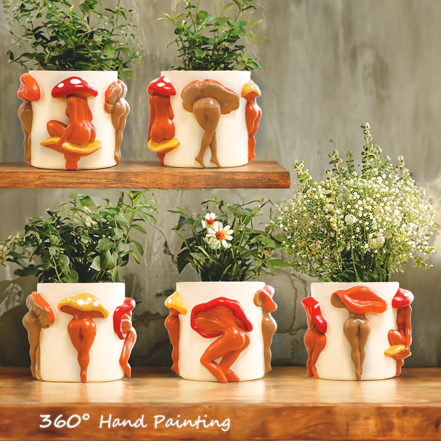 GUGUGO Mushroom Lady Body Plant Pots, Quirky Unique Cute Planters and Boho Funky Eclectic Home Decor, Mushroom Butt Flower Pots, Indoor Succulent Planter, Modern Aesthetic for Decorating, White Back