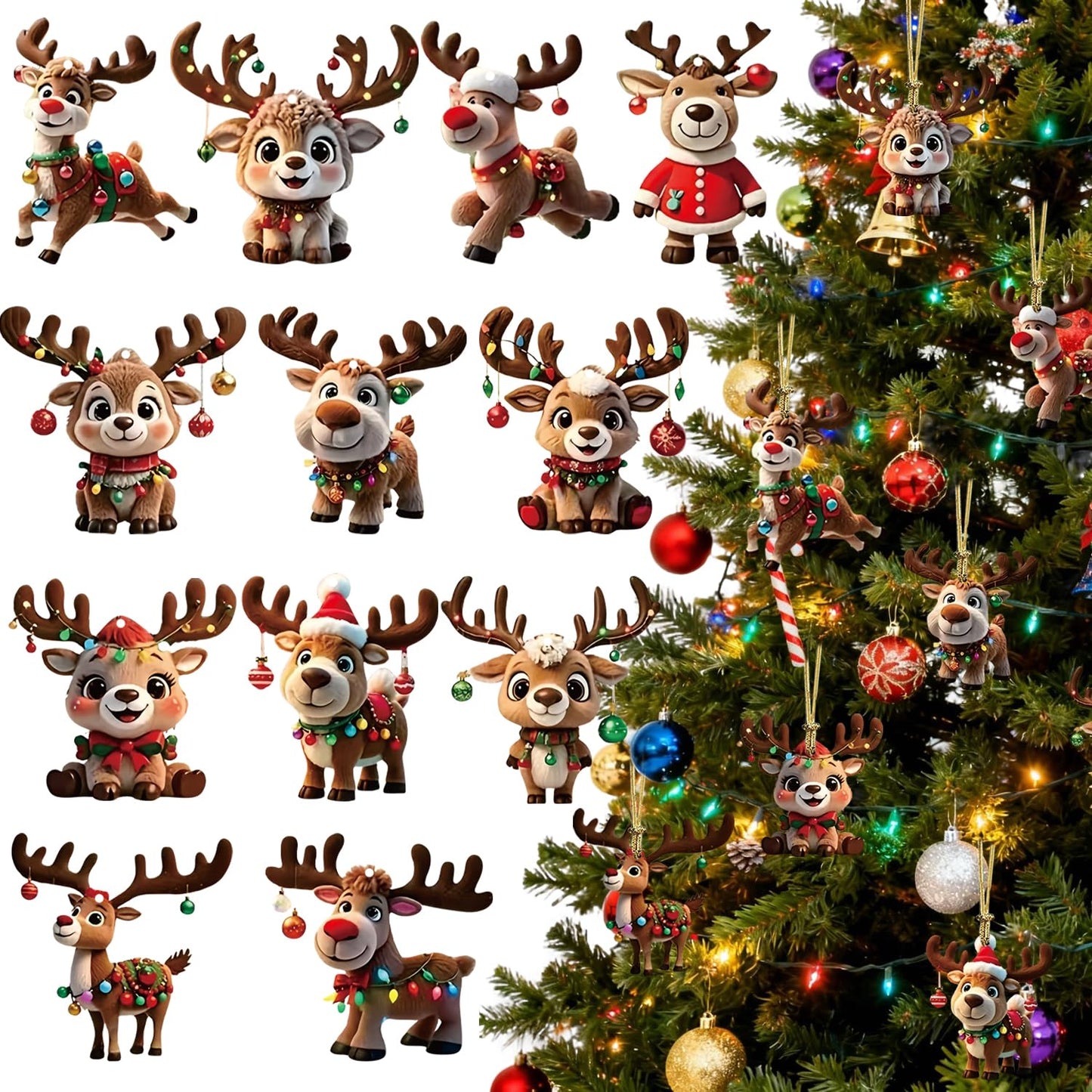 Christmas Tree Ornament Decoration,12Pcs Christmas Tree Acrylic Pendant, Cute Reindeer Xmas Tree Accessories Christmas Pendants Hanging, Funny Reindeer Christmas Ornaments