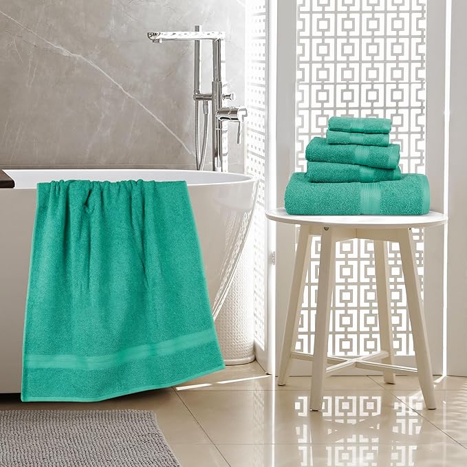 Amazon Basics 6-Piece Oversized Fade-Resistant Towel Set, 100% Cotton, Highly