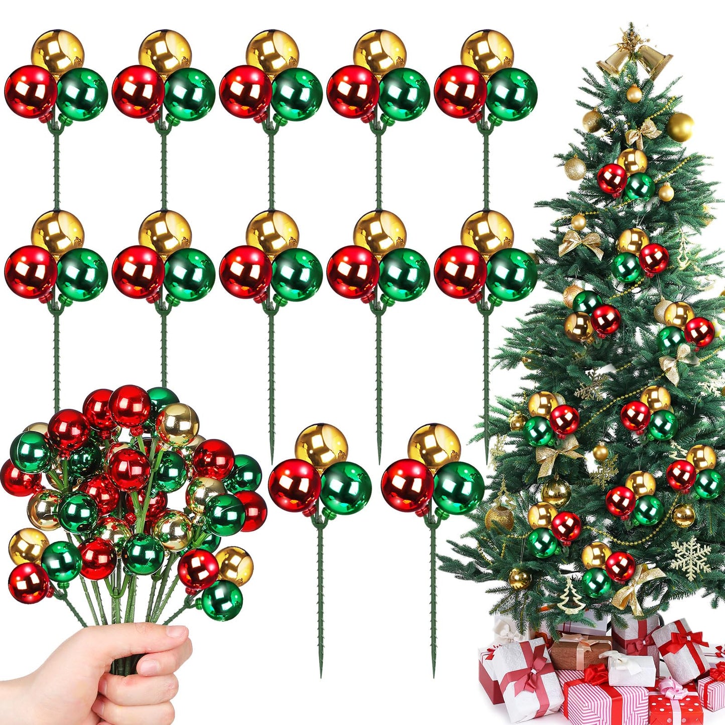 Syhood 12 Set 7.9 Inch Christmas Ball Picks and Sprays Shatterproof Xmas Red Green Gold Ball Ornaments on Wired Picks for Christmas Tree Vase Wreath Stairs Garland Decoration Supplies