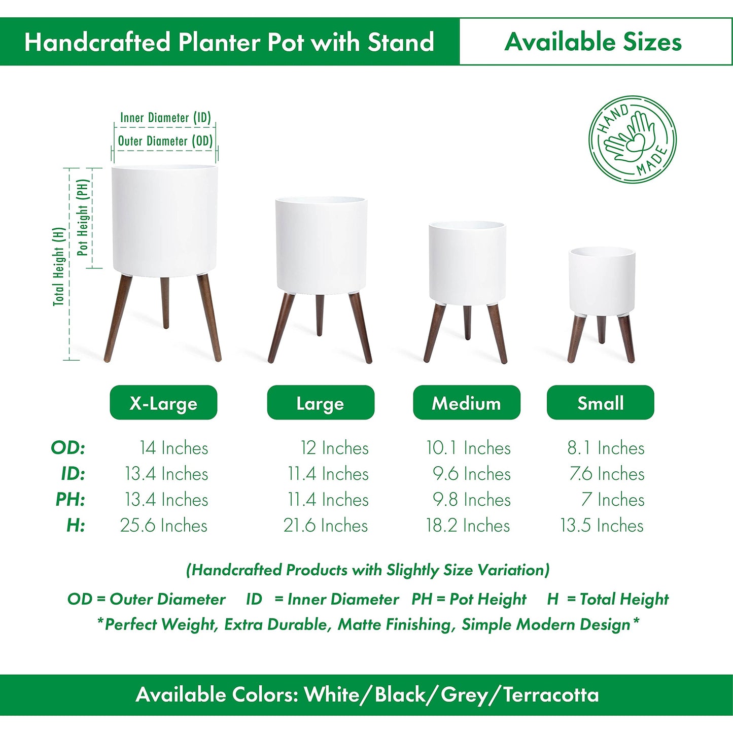 D'vine Dev 14 Inch Planter Pot with Stand, Mid-Century Tall Plant Pot with Legs for Indoor Plants, X-Large, White, 88-O-D-1