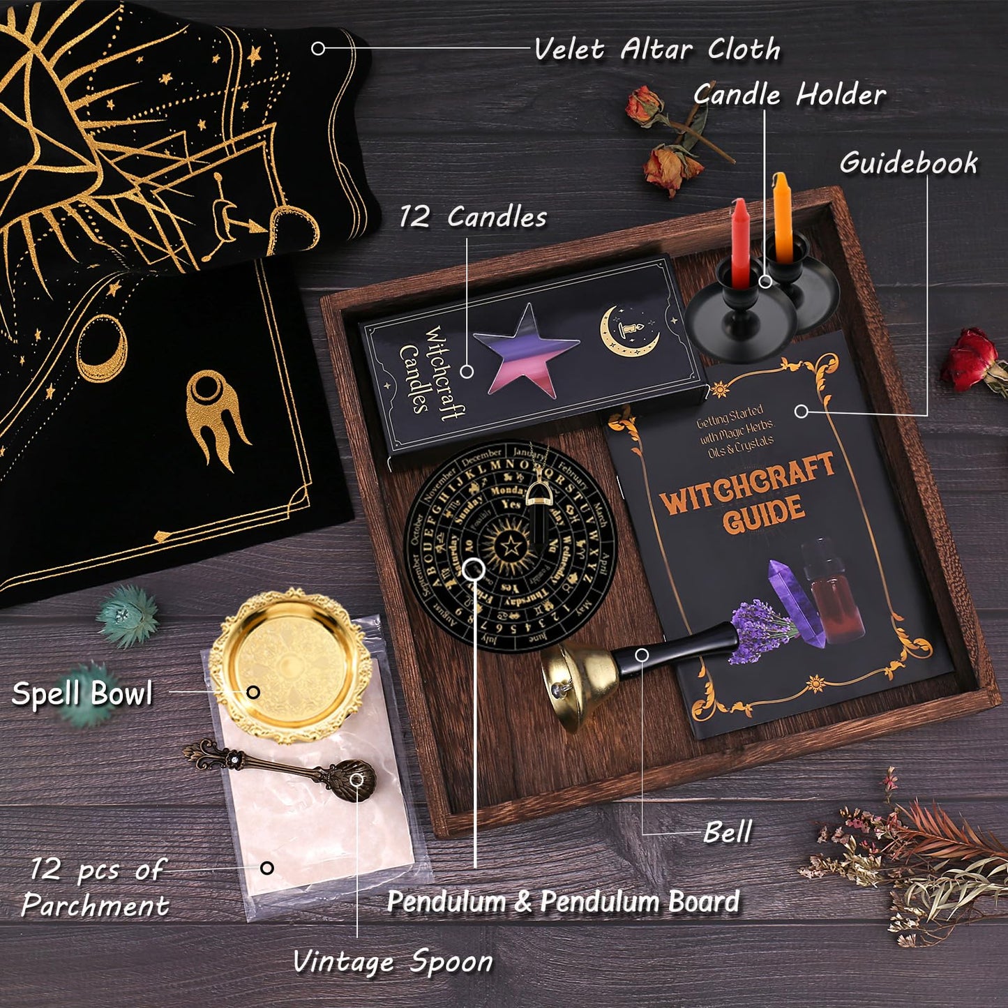 Cikuco Witchcraft Supplies Kit for Witch Spells,63PCS Witch Stuff,Wiccan Supplies and Tools,Including Herbs for Witchcraft,Crystals and Healing Stones,Spell Candles,Wiccan Starter Kit