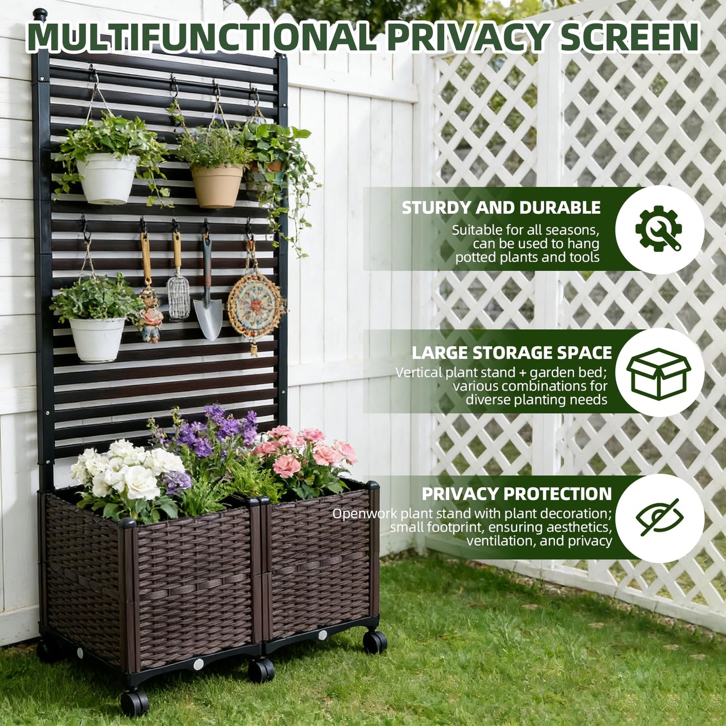 BorealBear Privacy Screen with Resin Wicker Planter Box, 67" Slatted Steel Raised Garden Bed with Trellis, Lockable Wheels, Outdoor Climbing Plants, Patio, Balcony and Yard