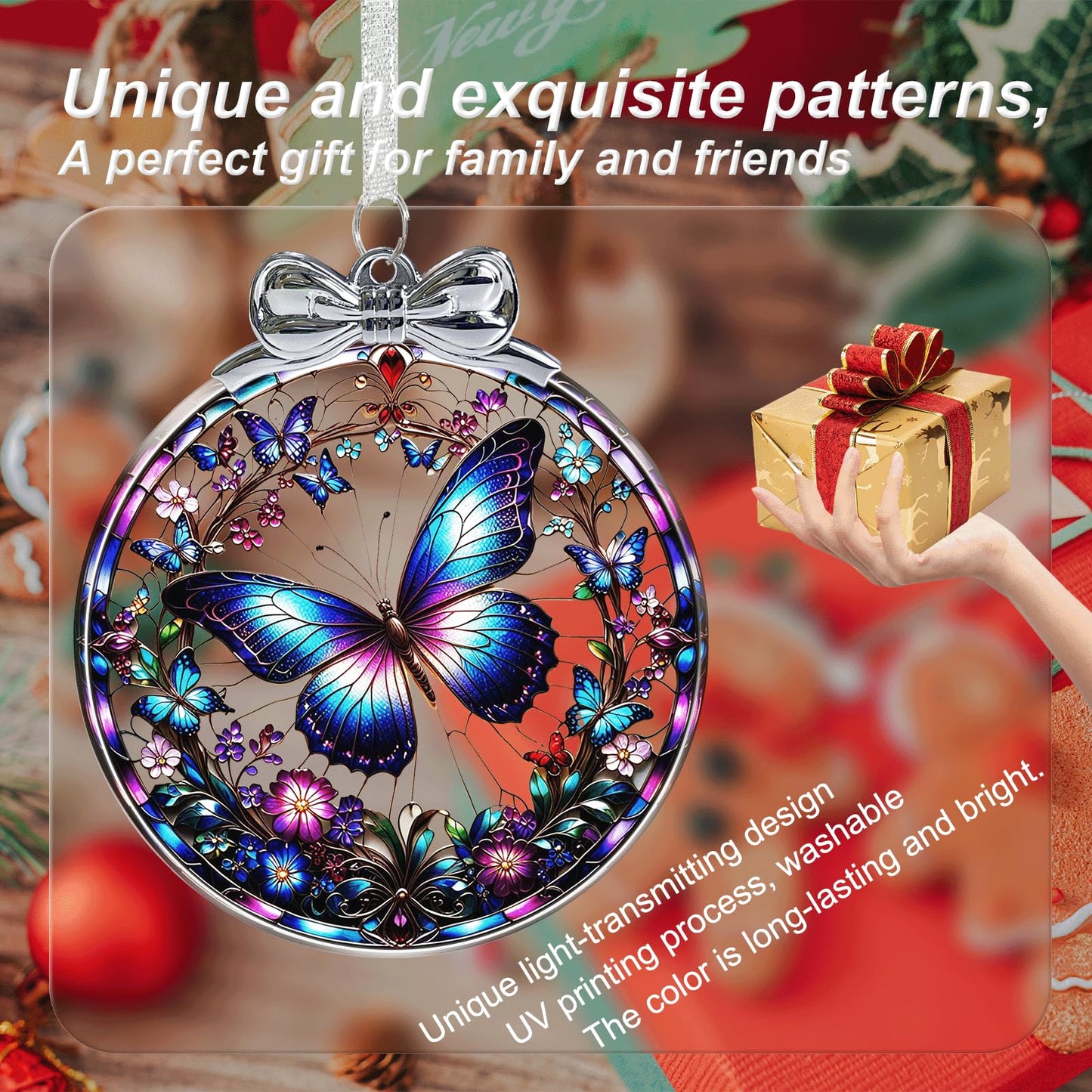 Butterfly Christmas Ornament Crystal Glass Butterfly Decorations - Hanging Ornaments for Christmas Tree Xmas Decorations, Holiday Keepsake Present Exchange Ideas