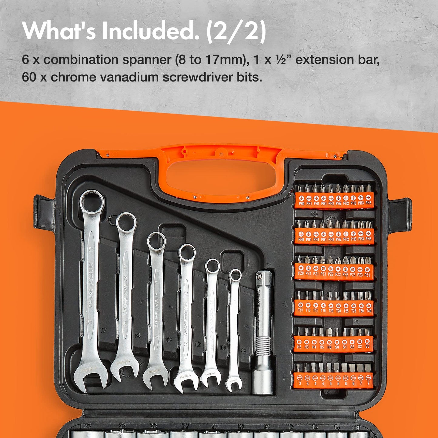 VonHaus 104-Piece Socket Wrench Tool Set with Extension Bar, Coupler, Ratchet, and Spanners, Screwdriver Bits and Carry Case