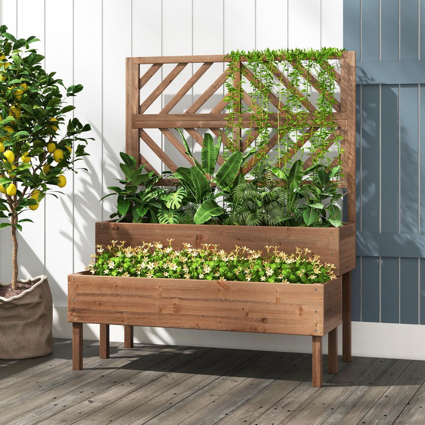 Toolsempire Raised Garden Bed with Trellis & 2 Planter Boxes, 2-Tier Outdoor Wooden Elevated Planter Box with Legs & Drainage Holes, Gardening Planters for Flowers, Herbs, Vegetables & Fruits(Brown)