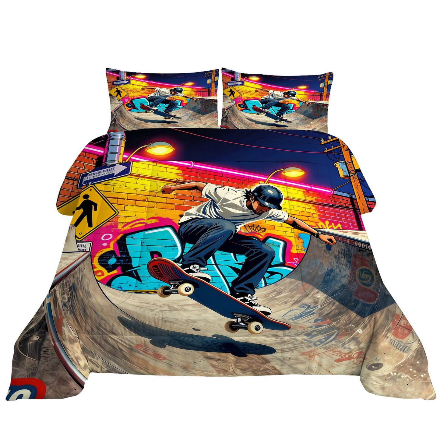 VTKON Skateboard Comforter Set for Teens Full 3Pcs with 1 Comforter and 2 Pillowcases Cool Graffiti Bedding Set Boys Sports Themed Bed Sets Microfiber for All Season