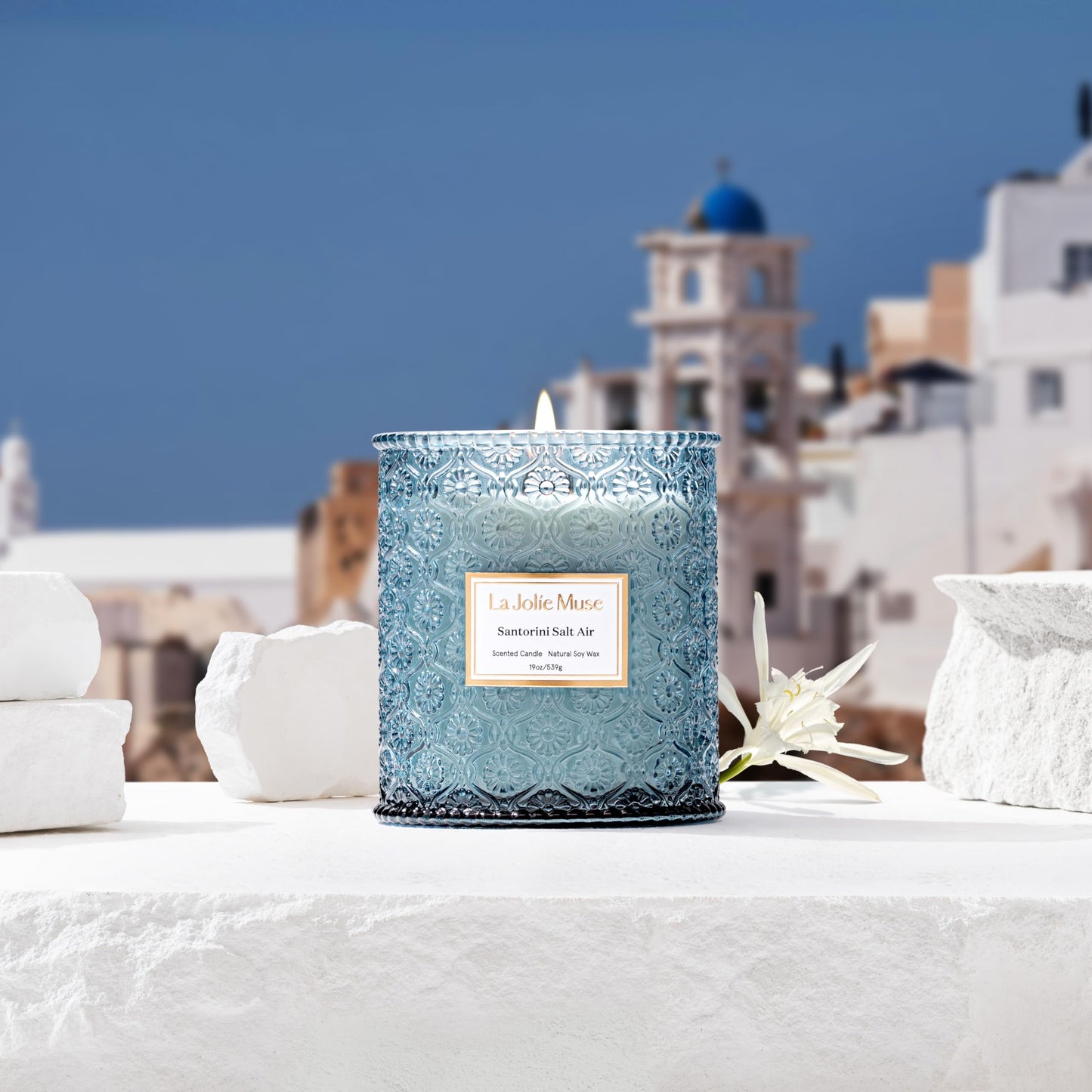 LA JOLIE MUSE Santorini Salt Air Scented Candle for Home | 19 oz Non Toxic Natural Soy | Large Blue Jar Candle | Summer Ocean Candle | Luxury Gifts for Women & Men | Wood Wick