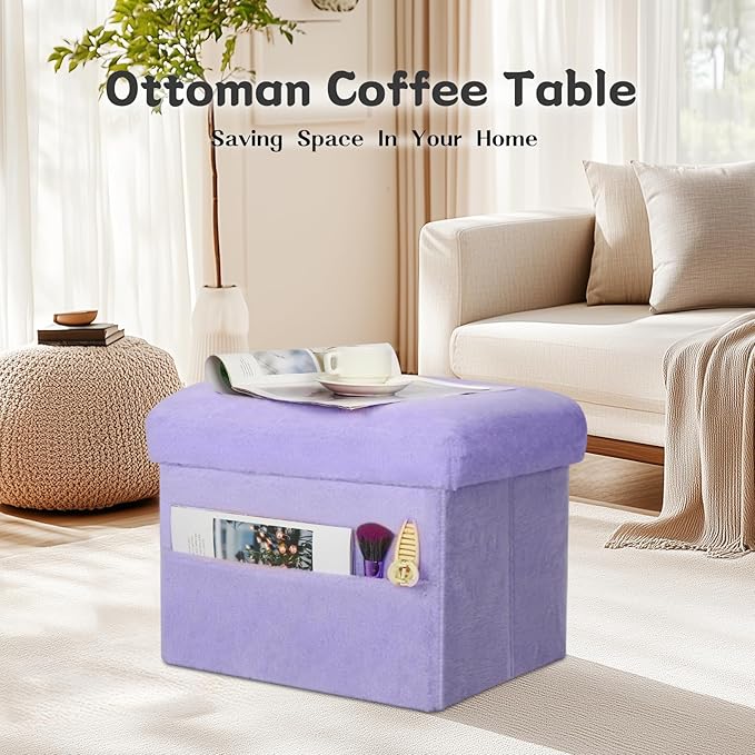 Small Ottoman with Storage, Folding Soft Fur Storage Foot Rest Stool with
