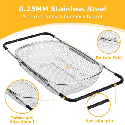ZDRongZhen Kitchen Accessories Over the Sink Colander Strainer Basket，Stainless Steel Colander with Expandable Rubber Grip Sink Drainer-Rinse Vegetables Fruits &Strain&Drain (Large-Dense round hole)