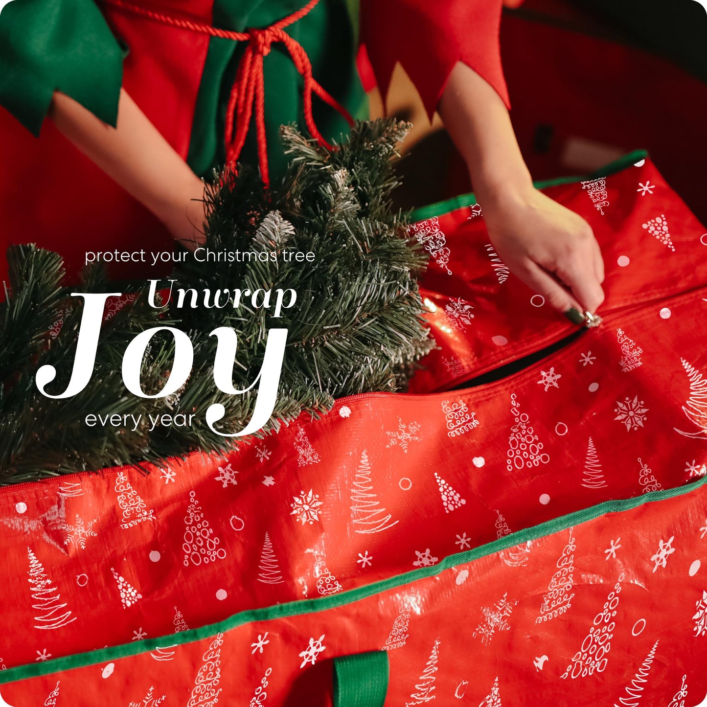 Christmas Tree Storage Bag - Stores 9 Foot Artificial Xmas Holiday Tree, Durable Waterproof Material, Zippered Bag, Carry Handles - Protects Against Dust, Insects and Moisture (Red Printed)