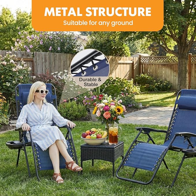 NEWBULIG Zero Gravity Chair Set of 2, Lounge Chair Folding Portable Adjustable Camping Reclining Chairs with Adjustable Pollow, Mesh Back, Cup Holder Trays Lawn Patio Chair for Pool Beach - Blue