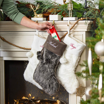 Personalization Universe Personalized Faux Fur Christmas Stocking in Grey - Customizable with Any Name or Monogram, Perfect for Holiday Decorations, 20" L x 8" W, 100% Polyester, Spot Clean Only