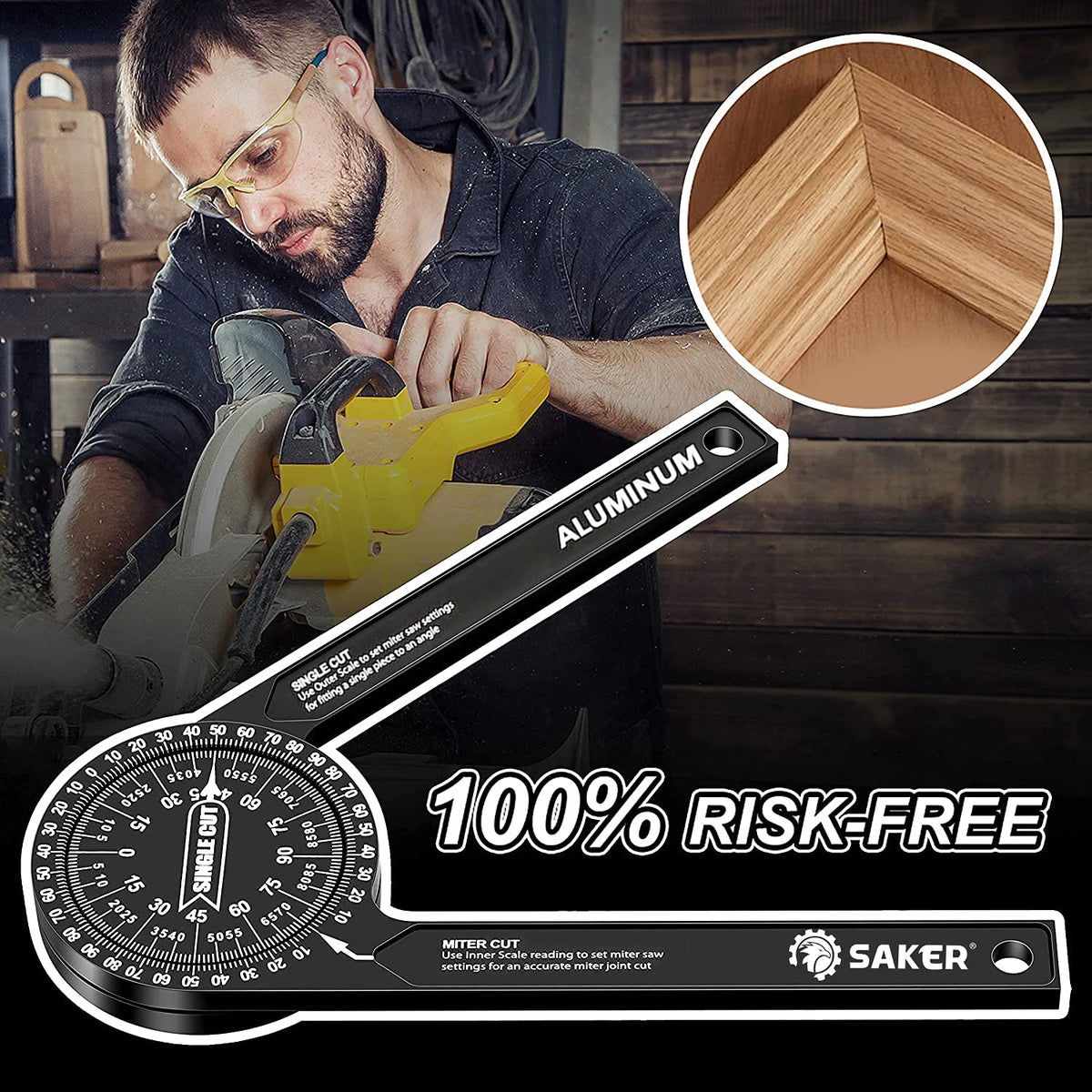 Saker Miter Saw Protractor|7-Inch Aluminum Protractor Angle Finder Featuring Precision Laser-Inside & Outside Miter Angle Finder for Carpenters, Plumbers and All Building Trades (Black)