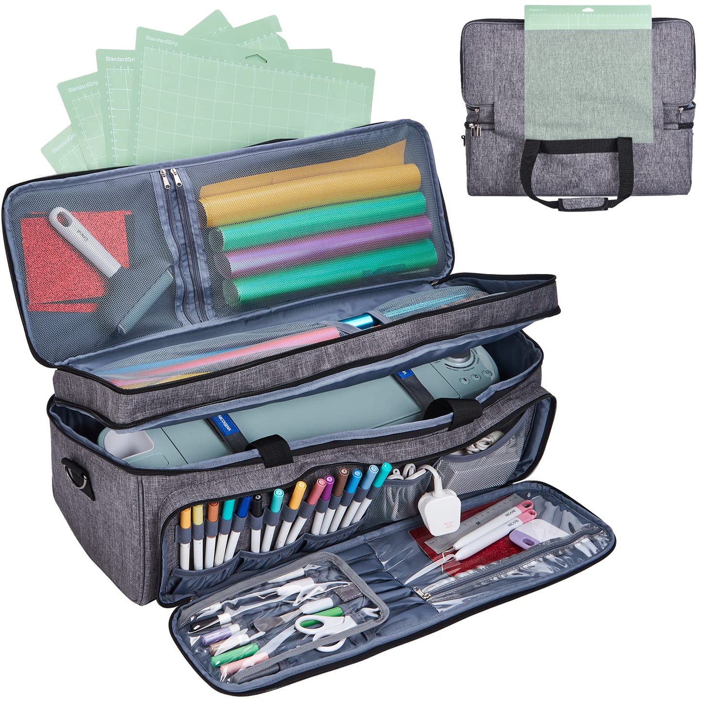 NICOGENA Double Layer Carrying Case with Mat Pocket for Cricut Explore Air 2, Cricut Maker, Multi Large Front Pockets for Tools Accessories and Supplies, Grey