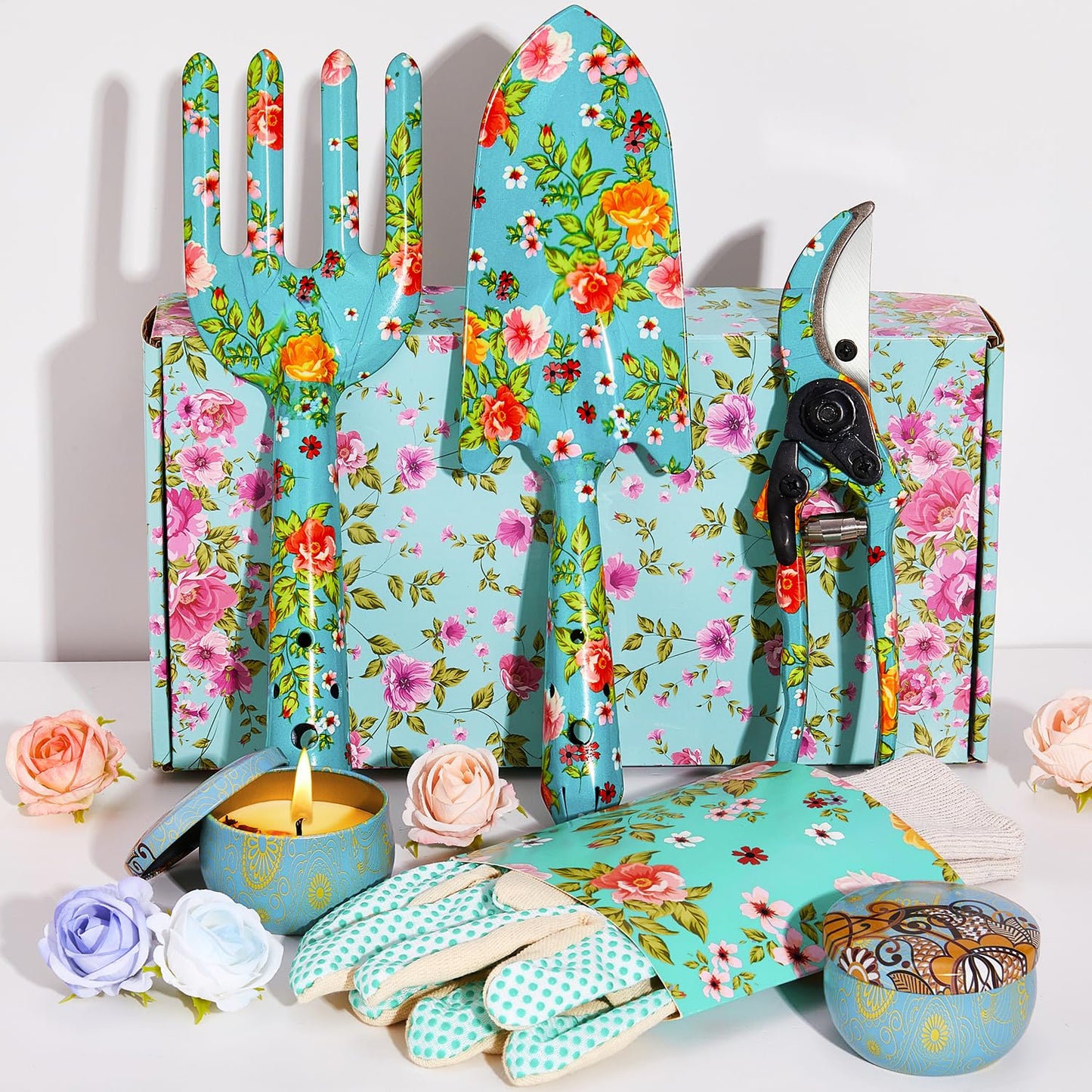 Gardening Gifts For Women, TOYPOPOR 6Pcs Garden Tools Set with Floral Print, included Trowel Fork Scissors 2 Candles and Gloves, Mother's day Birthday Gifts for Mum for Ladies Gardener